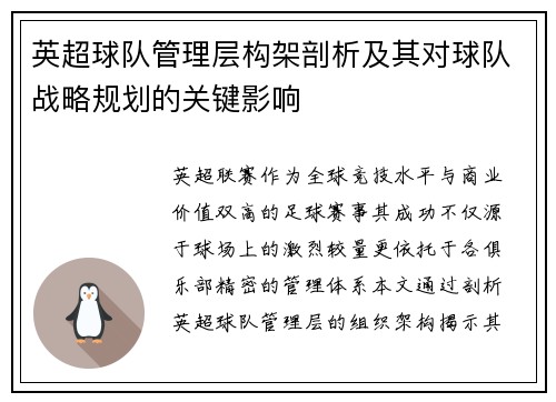 英超球队管理层构架剖析及其对球队战略规划的关键影响
