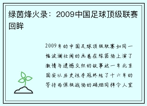 绿茵烽火录：2009中国足球顶级联赛回眸
